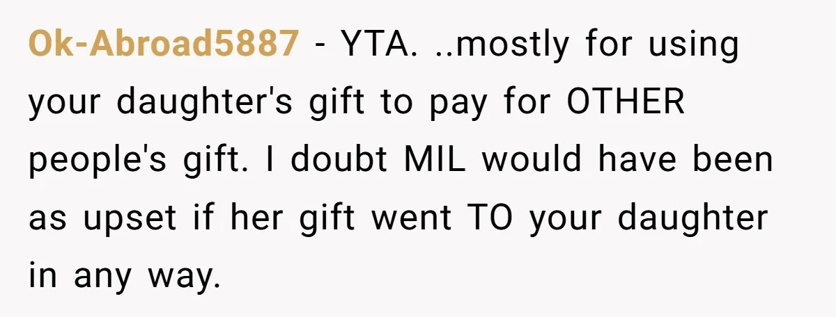Ok-Abroad5887 − YTA. ..mostly for using your daughter's gift to pay for OTHER people's gift. I doubt MIL would have been as upset if her gift went TO your daughter...