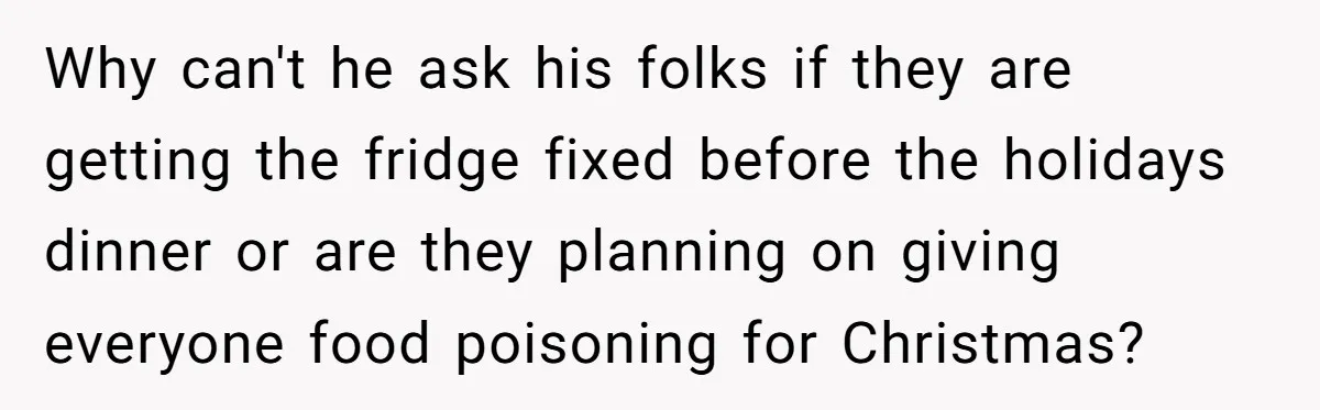 Why can't he ask his folks if they are getting the fridge fixed before the holidays dinner or are they planning on giving everyone food poisoning for Christmas?
