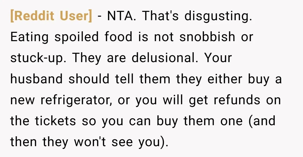 [Reddit User] − NTA. That's disgusting. Eating spoiled food is not snobbish or stuck-up. They are delusional. Your husband should tell them they either buy a new refrigerator, or you...