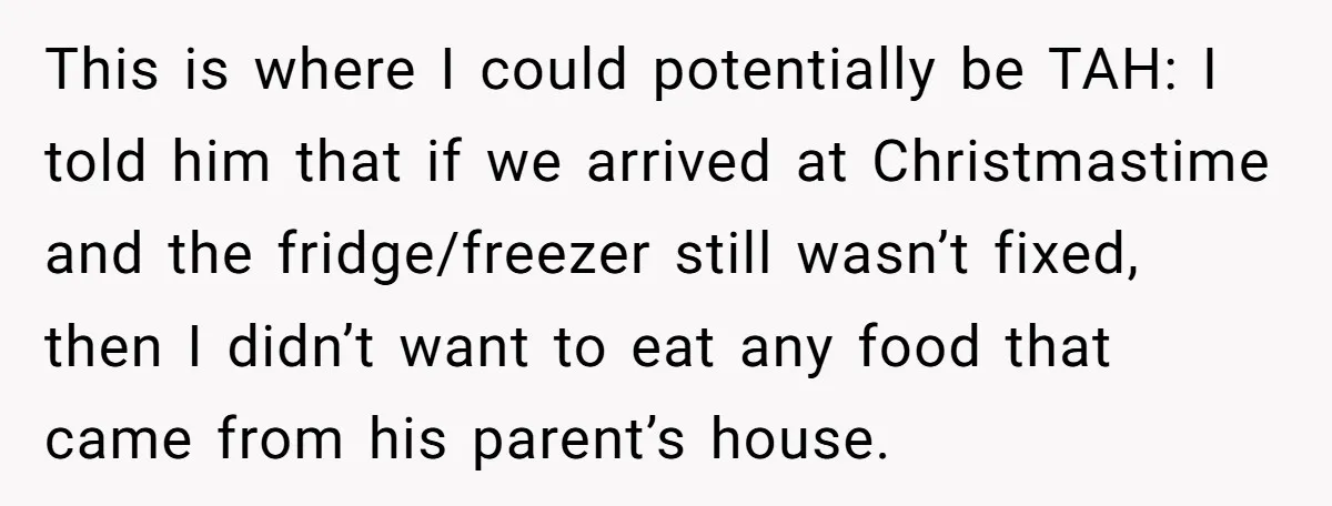 This is where I could potentially be TAH: I told him that if we arrived at Christmastime and the fridge/freezer still wasn’t fixed, then I didn’t want to eat any...