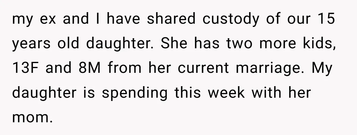 my ex and I have shared custody of our 15 years old daughter. She has two more kids, 13F and 8M from her current marriage. My daughter is spending this...