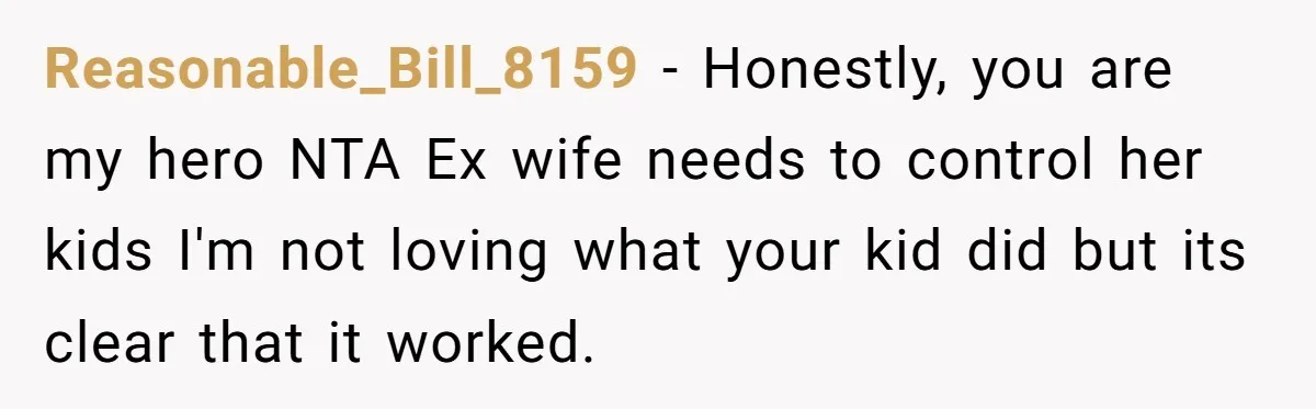 Reasonable_Bill_8159 − Honestly, you are my hero NTA Ex wife needs to control her kids I'm not loving what your kid did but its clear that it worked.