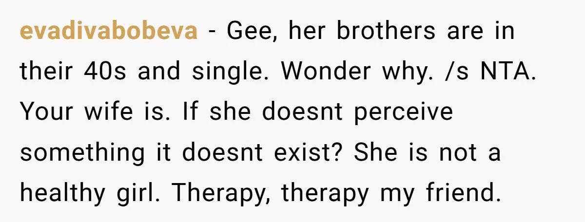 evadivabobeva − Gee, her brothers are in their 40s and single. Wonder why. /s NTA. Your wife is. If she doesnt perceive something it doesnt exist? She is not a...