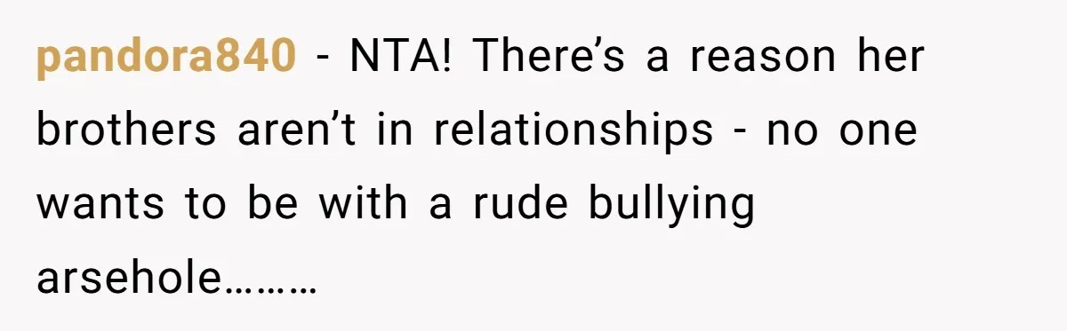 pandora840 − NTA! There’s a reason her brothers aren’t in relationships - no one wants to be with a rude bullying arsehole………