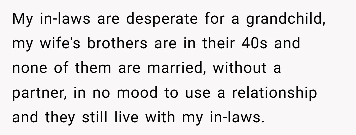My in-laws are desperate for a grandchild, my wife's brothers are in their 40s and none of them are married, without a partner, in no mood to use a relationship...