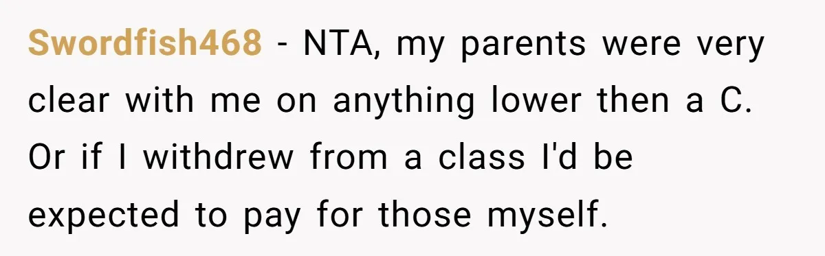 Swordfish468 − NTA, my parents were very clear with me on anything lower then a C. Or if I withdrew from a class I'd be expected to pay for those...