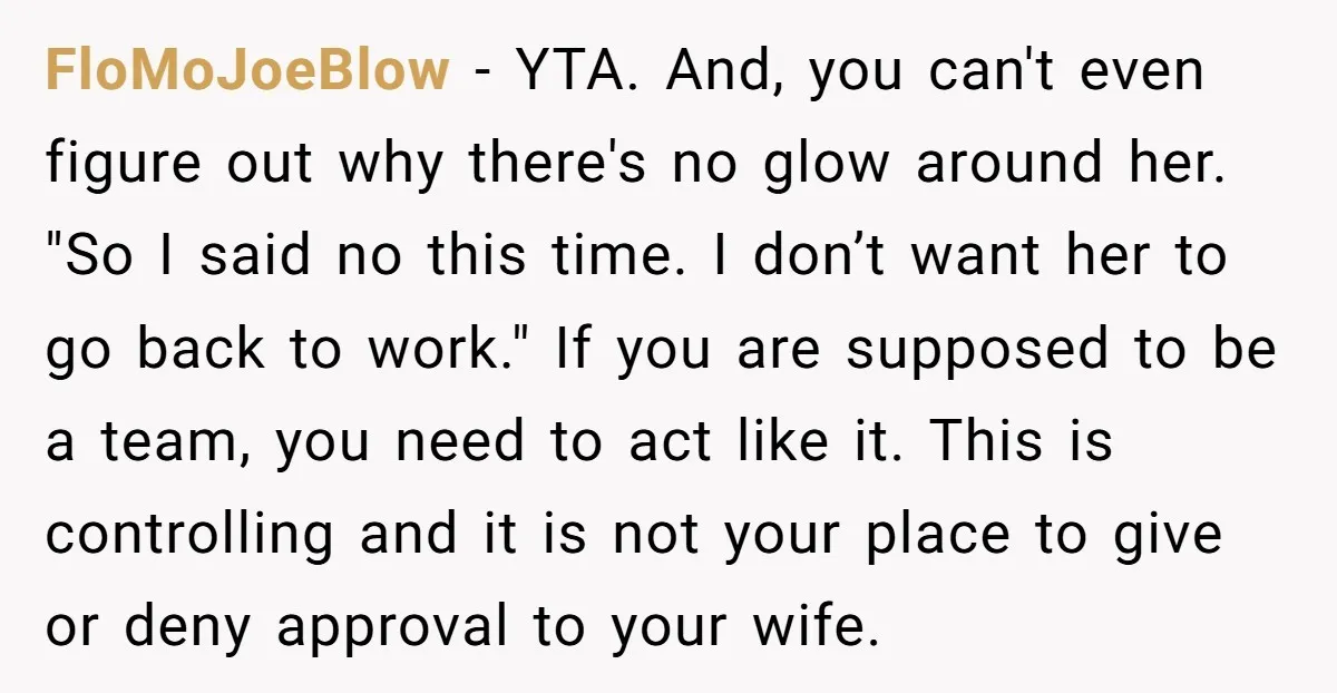 FloMoJoeBlow − YTA. And, you can't even figure out why there's no glow around her. "So I said no this time. I don’t want her to go back to work."...