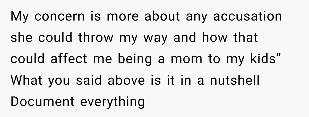 My concern is more about any accusation she could throw my way and how that could affect me being a mom to my kids” What you said above is it...