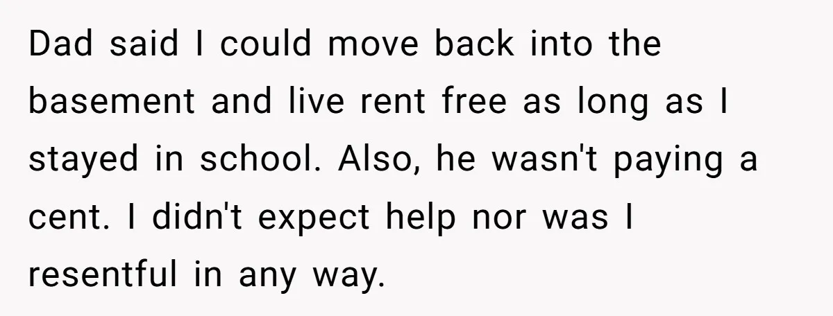 Dad said I could move back into the basement and live rent free as long as I stayed in school. Also, he wasn't paying a cent. I didn't expect help...