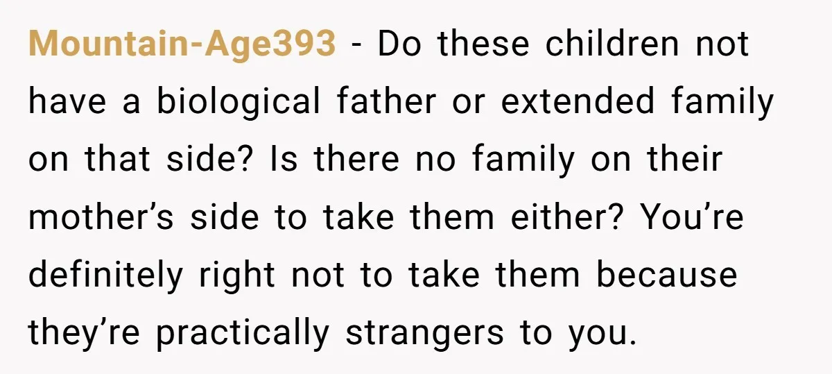 Mountain-Age393 − Do these children not have a biological father or extended family on that side? Is there no family on their mother’s side to take them either? You’re definitely...
