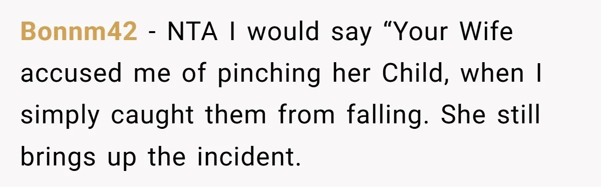 Bonnm42 − NTA I would say “Your Wife accused me of pinching her Child, when I simply caught them from falling. She still brings up the incident.