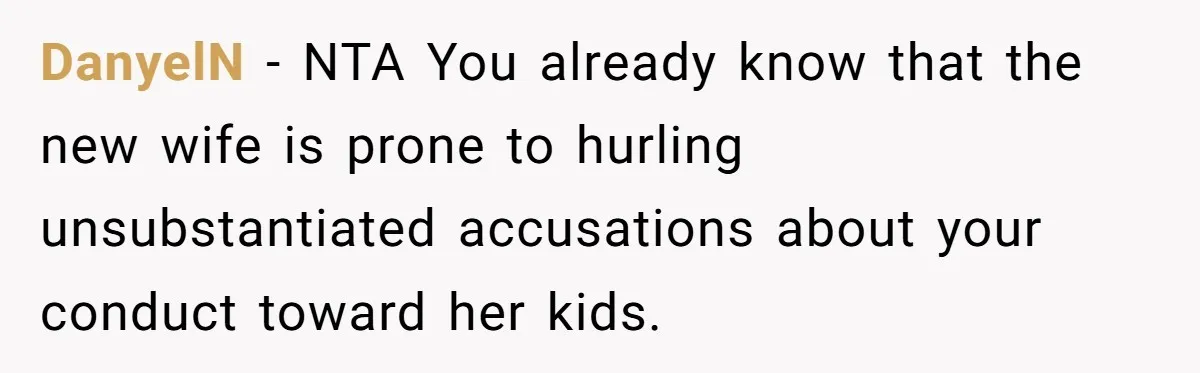 DanyelN − NTA You already know that the new wife is prone to hurling unsubstantiated accusations about your conduct toward her kids.
