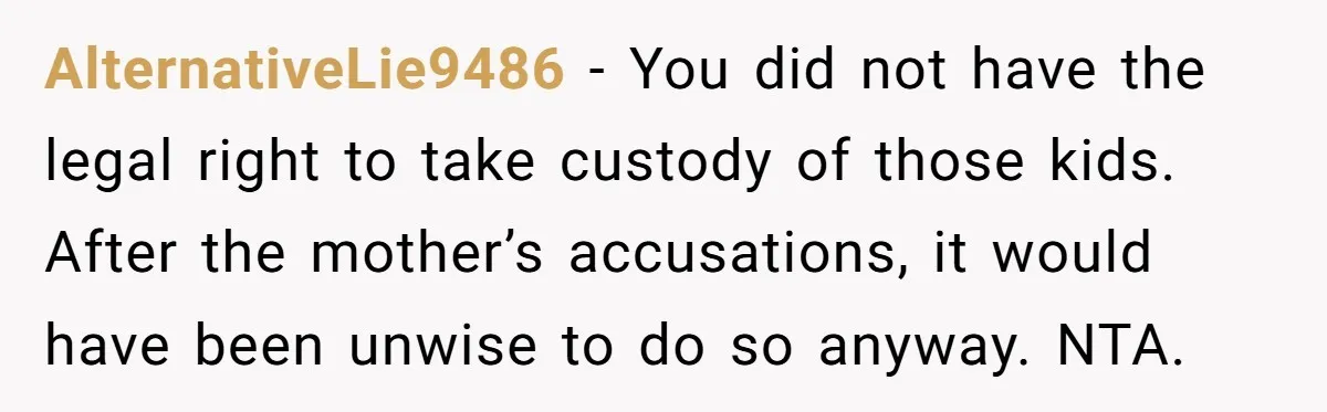 AlternativeLie9486 − You did not have the legal right to take custody of those kids. After the mother’s accusations, it would have been unwise to do so anyway. NTA.