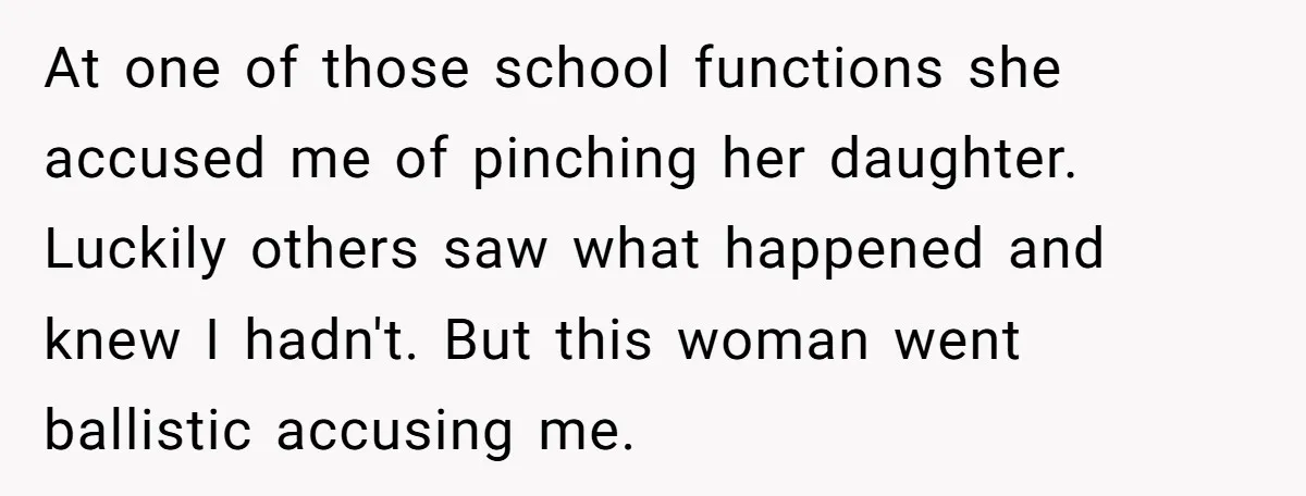 At one of those school functions she accused me of pinching her daughter. Luckily others saw what happened and knew I hadn't. But this woman went ballistic accusing me.