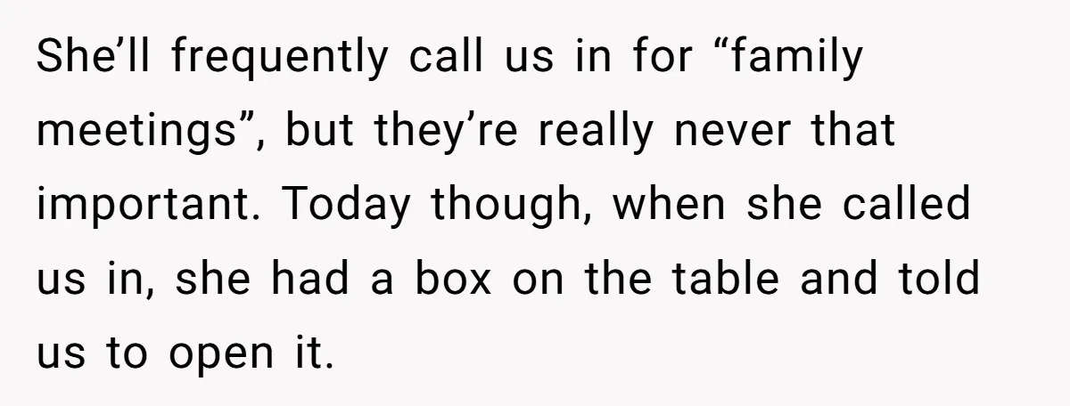 She’ll frequently call us in for “family meetings”, but they’re really never that important. Today though, when she called us in, she had a box on the table and told...