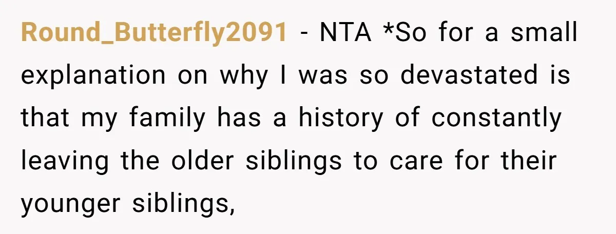 Round_Butterfly2091 − NTA *So for a small explanation on why I was so devastated is that my family has a history of constantly leaving the older siblings to care for...