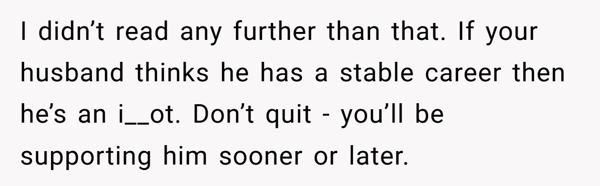 I didn’t read any further than that. If your husband thinks he has a stable career then he’s an i__ot. Don’t quit - you’ll be supporting him sooner or later.