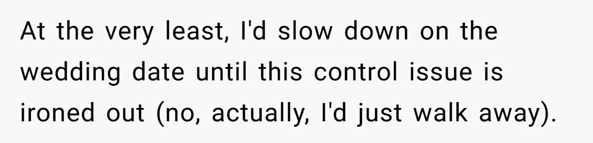 At the very least, I'd slow down on the wedding date until this control issue is ironed out (no, actually, I'd just walk away).