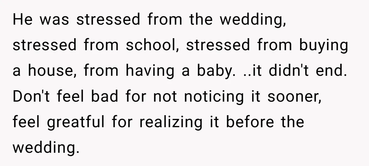 He was stressed from the wedding, stressed from school, stressed from buying a house, from having a baby. ..it didn't end. Don't feel bad for not noticing it sooner, feel...