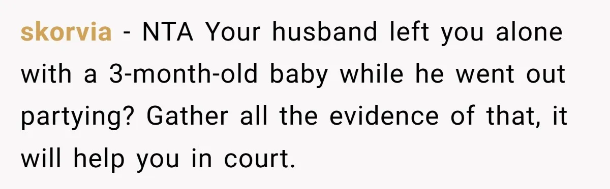 skorvia − NTA Your husband left you alone with a 3-month-old baby while he went out partying? Gather all the evidence of that, it will help you in court.