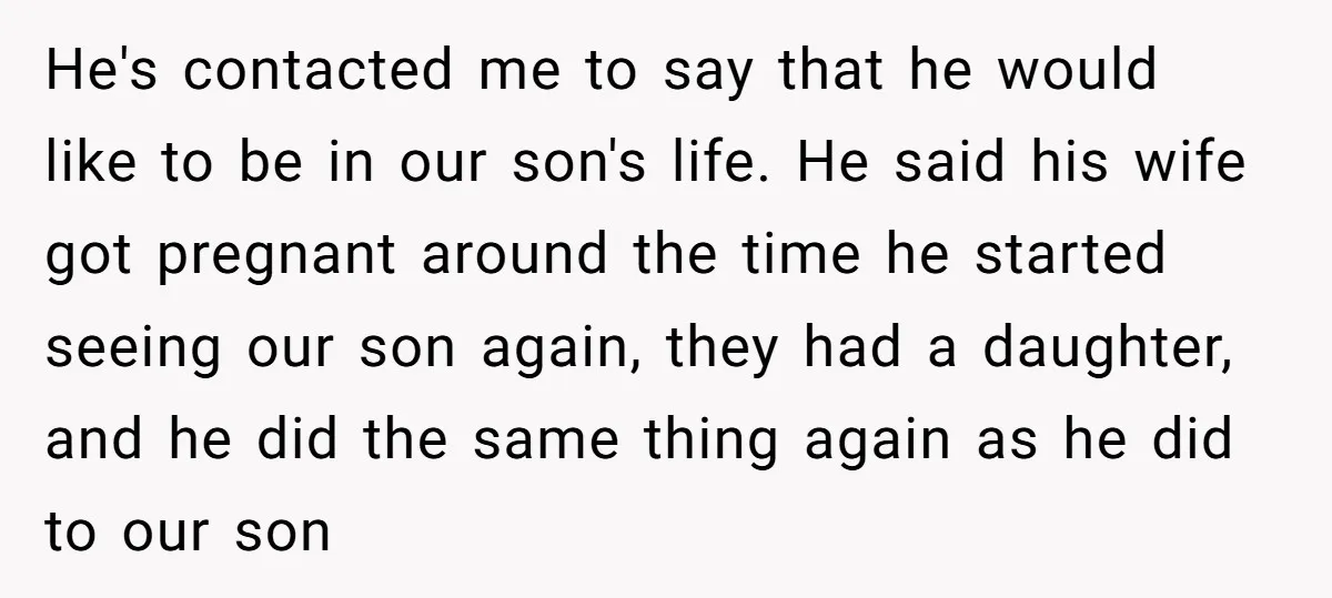 He's contacted me to say that he would like to be in our son's life. He said his wife got pregnant around the time he started seeing our son again,...