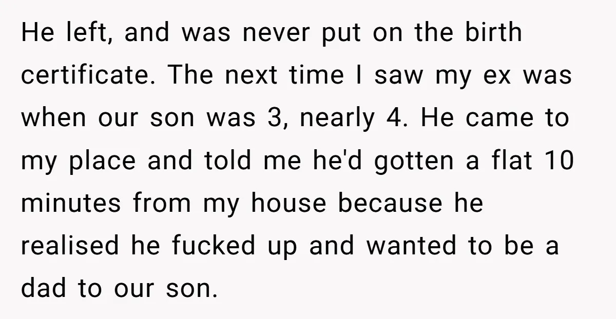 He left, and was never put on the birth certificate. The next time I saw my ex was when our son was 3, nearly 4. He came to my place...