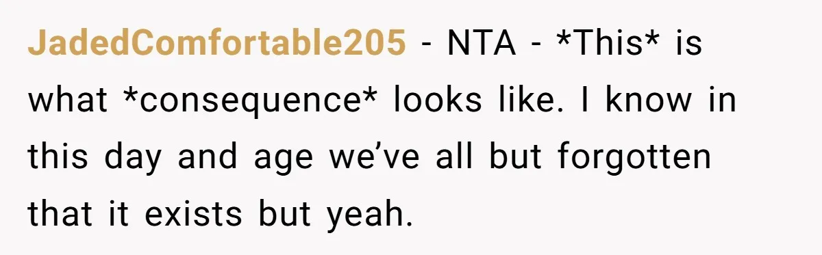 JadedComfortable205 − NTA - *This* is what *consequence* looks like. I know in this day and age we’ve all but forgotten that it exists but yeah.