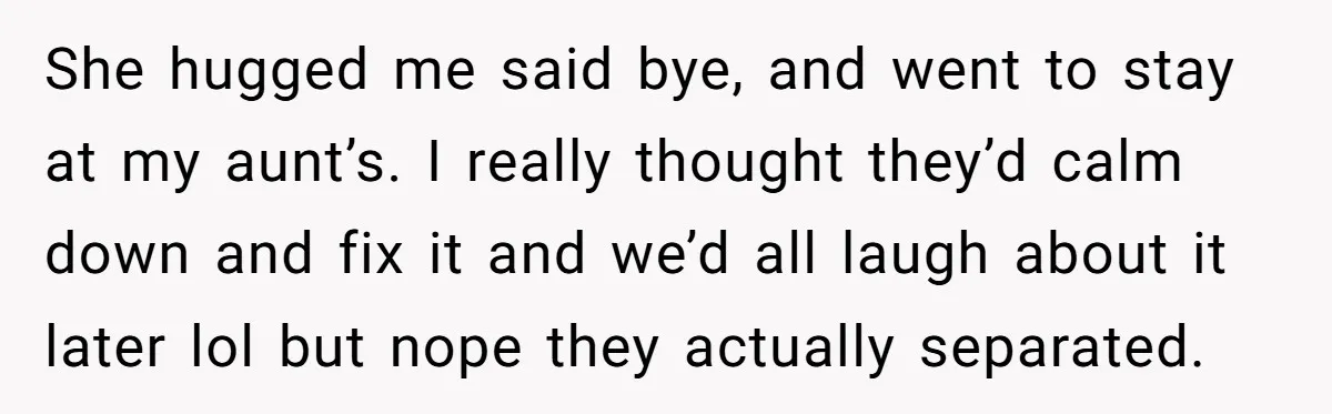 She hugged me said bye, and went to stay at my aunt’s. I really thought they’d calm down and fix it and we’d all laugh about it later lol but...