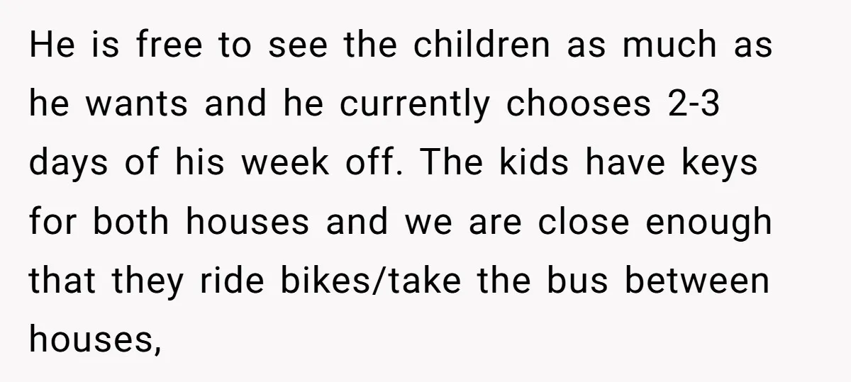 He is free to see the children as much as he wants and he currently chooses 2-3 days of his week off. The kids have keys for both houses and...