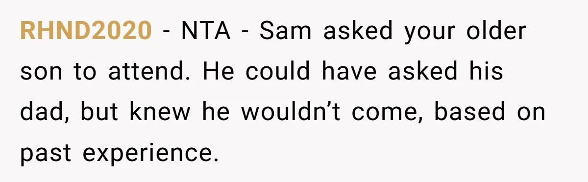 RHND2020 − NTA - Sam asked your older son to attend. He could have asked his dad, but knew he wouldn’t come, based on past experience.