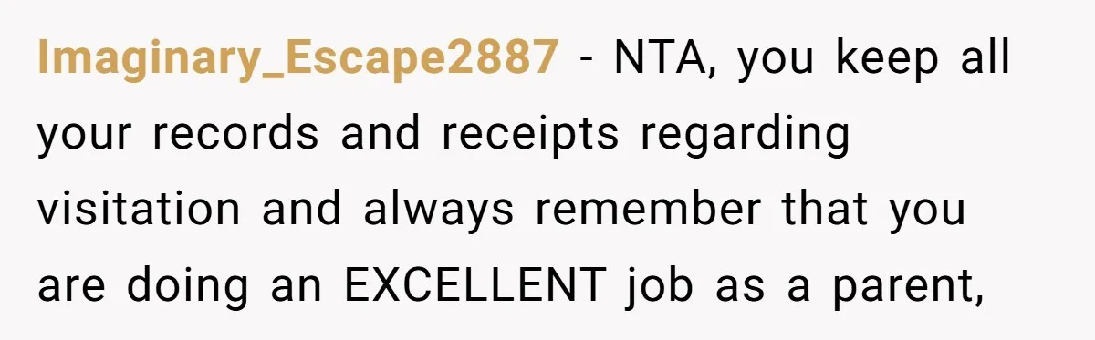 Imaginary_Escape2887 − NTA, you keep all your records and receipts regarding visitation and always remember that you are doing an EXCELLENT job as a parent,