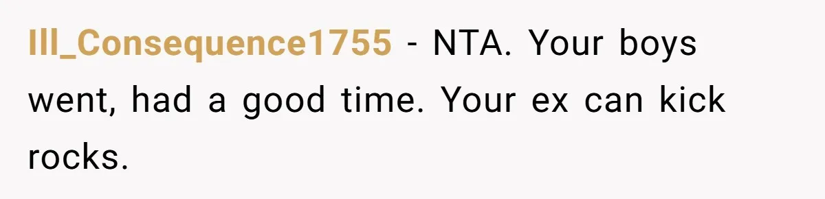 Ill_Consequence1755 − NTA. Your boys went, had a good time. Your ex can kick rocks.