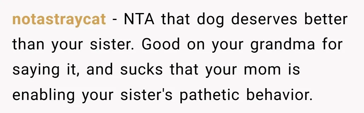 notastraycat − NTA that dog deserves better than your sister. Good on your grandma for saying it, and sucks that your mom is enabling your sister's pathetic behavior.
