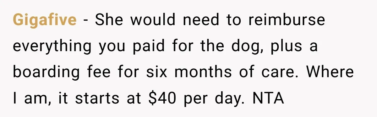 Gigafive − She would need to reimburse everything you paid for the dog, plus a boarding fee for six months of care. Where I am, it starts at $40 per...