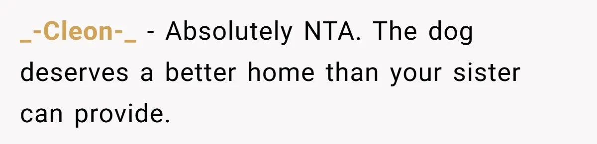 _-Cleon-_ − Absolutely NTA. The dog deserves a better home than your sister can provide.