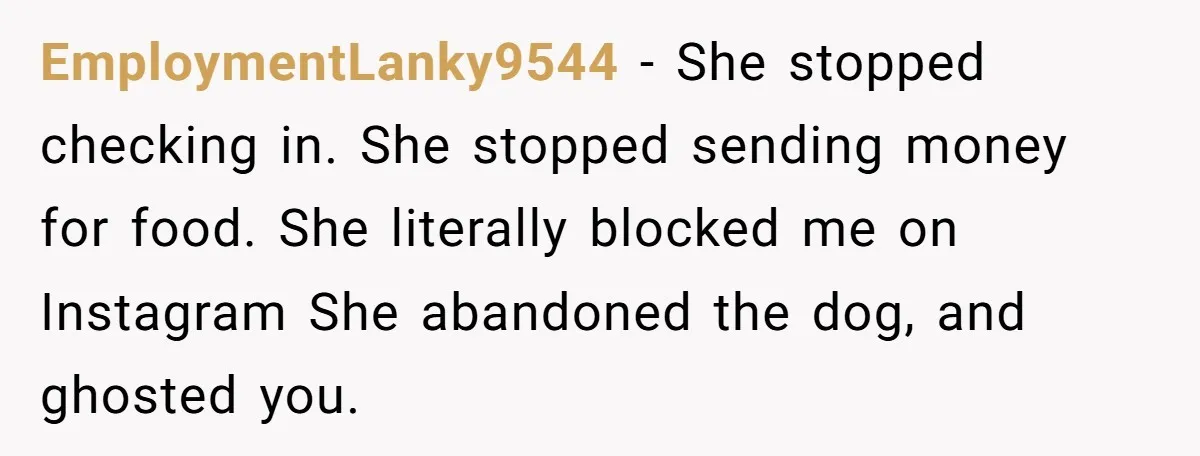 EmploymentLanky9544 − She stopped checking in. She stopped sending money for food. She literally blocked me on Instagram She abandoned the dog, and ghosted you.