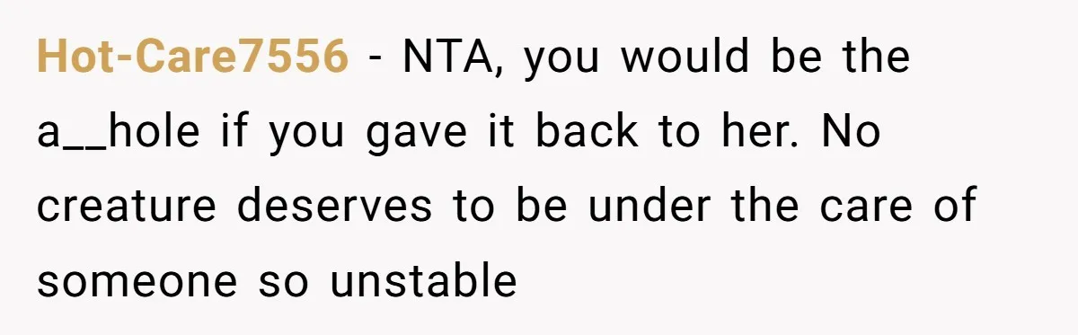 Hot-Care7556 − NTA, you would be the a__hole if you gave it back to her. No creature deserves to be under the care of someone so unstable