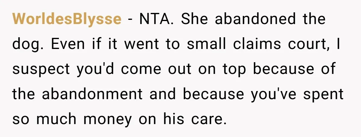 WorldesBlysse − NTA. She abandoned the dog. Even if it went to small claims court, I suspect you'd come out on top because of the abandonment and because you've spent...