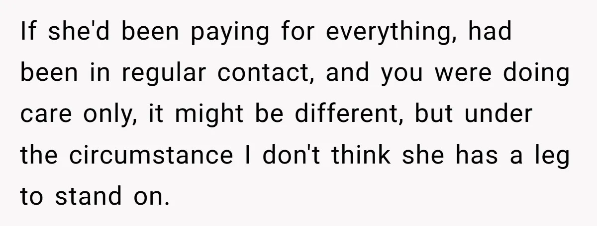 If she'd been paying for everything, had been in regular contact, and you were doing care only, it might be different, but under the circumstance I don't think she has...