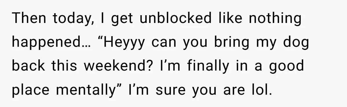 Then today, I get unblocked like nothing happened… “Heyyy can you bring my dog back this weekend? I’m finally in a good place mentally” I’m sure you are lol.