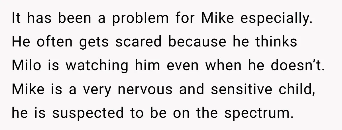 It has been a problem for Mike especially. He often gets scared because he thinks Milo is watching him even when he doesn’t. Mike is a very nervous and sensitive...