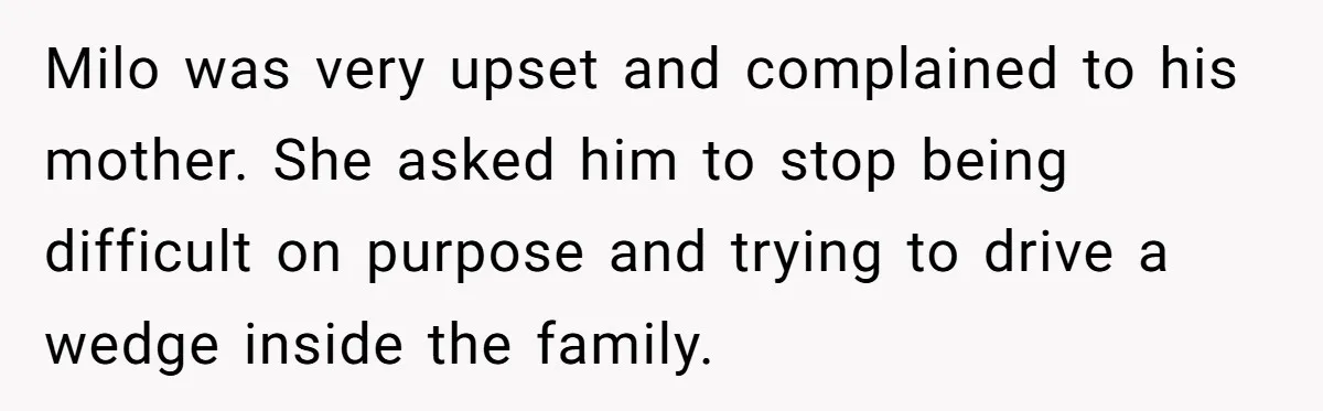 Milo was very upset and complained to his mother. She asked him to stop being difficult on purpose and trying to drive a wedge inside the family.