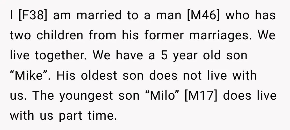 I [F38] am married to a man [M46] who has two children from his former marriages. We live together. We have a 5 year old son “Mike”. His oldest son...