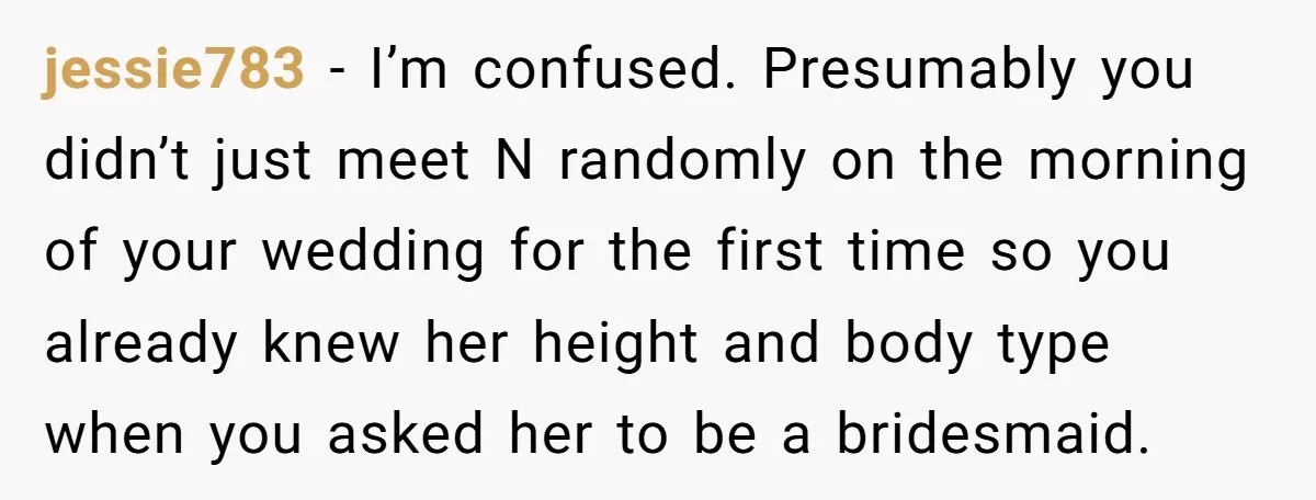 jessie783 − I’m confused. Presumably you didn’t just meet N randomly on the morning of your wedding for the first time so you already knew her height and body type...