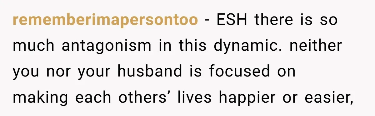 rememberimapersontoo − ESH there is so much antagonism in this dynamic. neither you nor your husband is focused on making each others’ lives happier or easier,