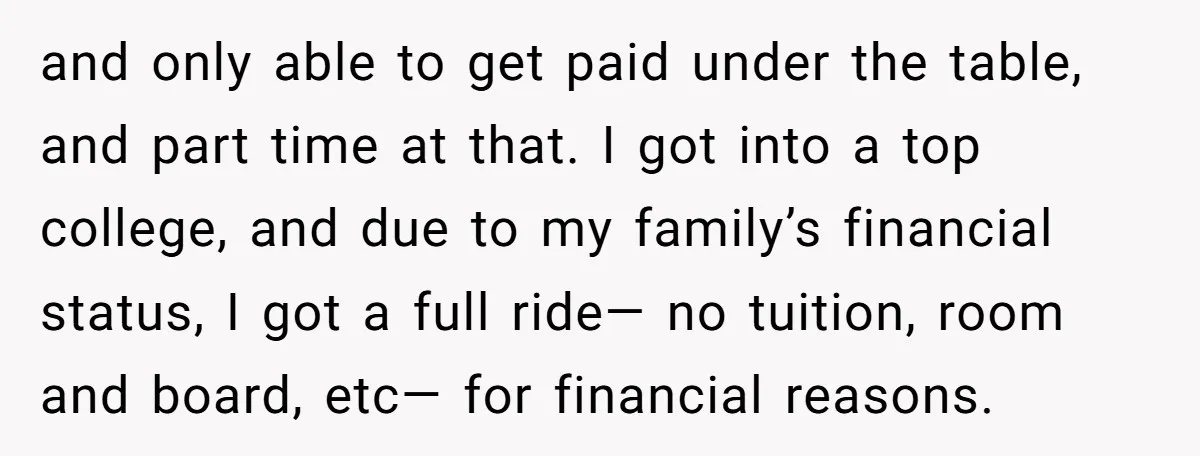 and only able to get paid under the table, and part time at that. I got into a top college, and due to my family’s financial status, I got a...