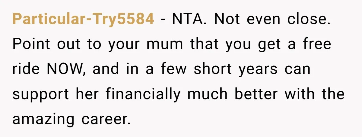 Particular-Try5584 − NTA. Not even close. Point out to your mum that you get a free ride NOW, and in a few short years can support her financially much better...