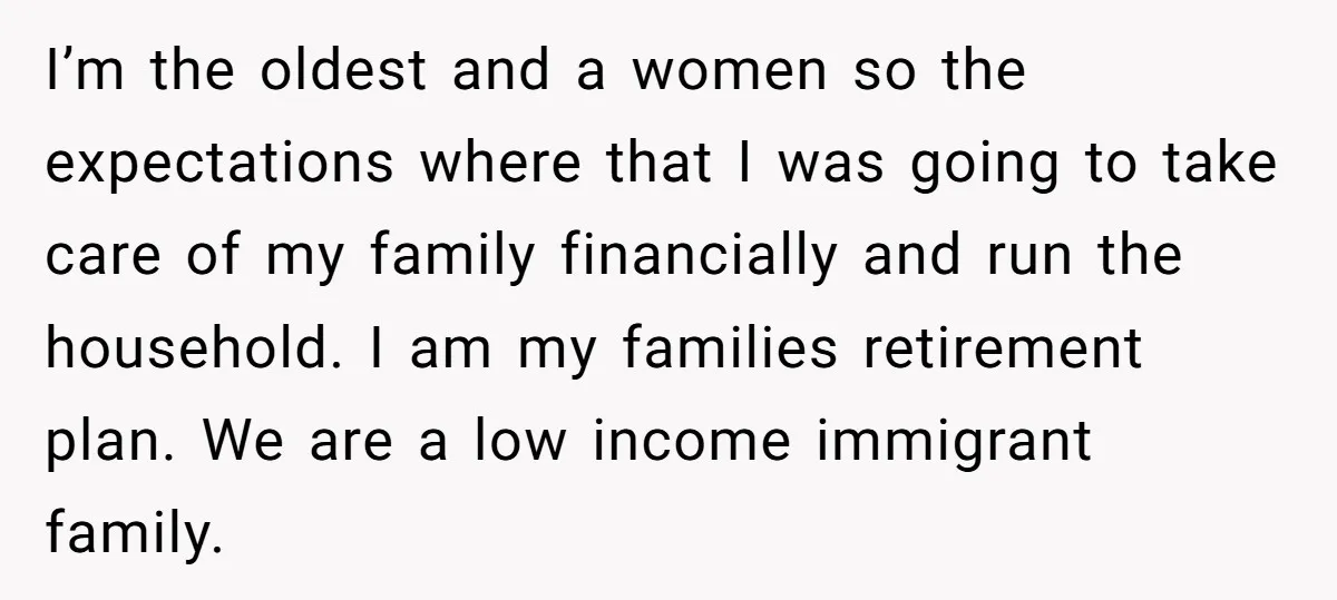 I’m the oldest and a women so the expectations where that I was going to take care of my family financially and run the household. I am my families retirement...
