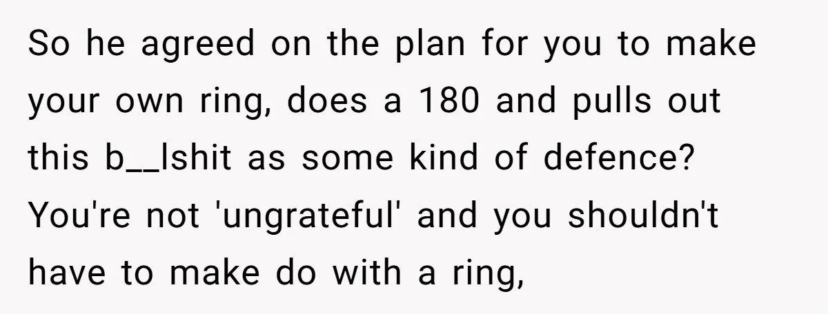 So he agreed on the plan for you to make your own ring, does a 180 and pulls out this b__lshit as some kind of defence? You're not 'ungrateful' and...