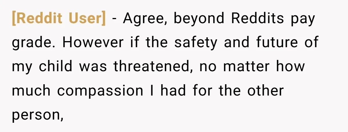 [Reddit User] − Agree, beyond Reddits pay grade. However if the safety and future of my child was threatened, no matter how much compassion I had for the other person,